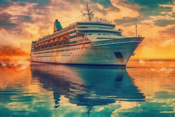 Fototapeta na wymiar large_cruise_ship_at_sunset_in_the_ocean
