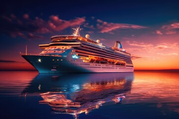 large_cruise_ship_docked_in_the_ocean_at_sunset