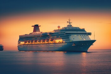 Fototapeta na wymiar large_cruise_ship_docked_in_the_ocean_at_sunset