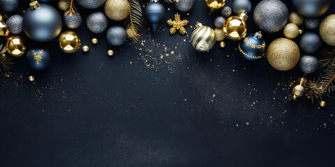 Viele Weihnachtskugeln dekoriert in blau und Gold als Grußkarte, ai generativ - obrazy, fototapety, plakaty
