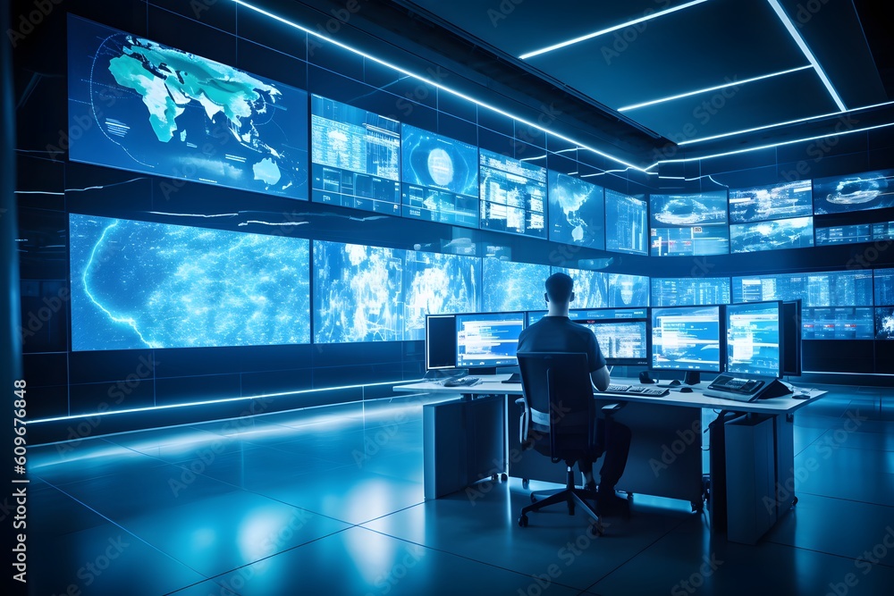 Aufkleber advanced technology and security measures. professionals in modern control room. monitoring and anal