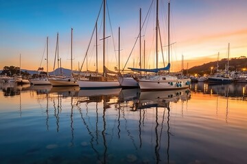 Fototapeta na wymiar white_sailboats_standing_by_in_the_bay_at_sunset