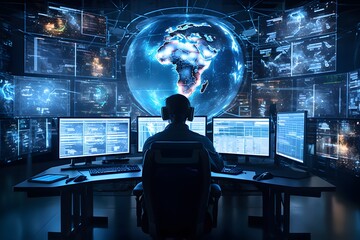 Cutting-edge control center. aI algorithms analyze and safeguard valuable against complex cyber threats. synergy between human expertise and advanced technological defense mechanisms.  generative ai - obrazy, fototapety, plakaty