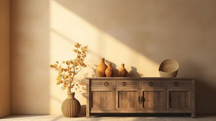 Asian antique vintage wooden cabinet top with tropical tree in rattan basket. Generative Ai