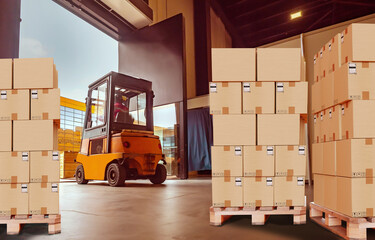 Warehouse center. Pallets with boxes in building. Forklift inside storage hangar. Cardboard parcels...