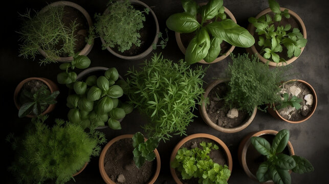 Fresh Herbs, plants, Oregano, rosemary, basil, thyme image generated by Creative AI
