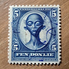 Obraz premium Postage stamp with the face of an alien. Generative AI