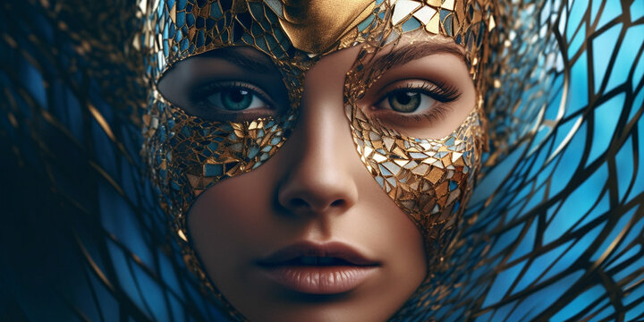 H&uuml;bsches Frauen Gesicht mit gold Aplikation Visagistik und Maske Poster Nahaufnahme, ai generativ