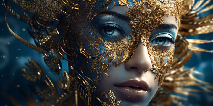 H&uuml;bsches Frauen Gesicht mit gold Aplikation Visagistik und Maske Poster Nahaufnahme, ai generativ