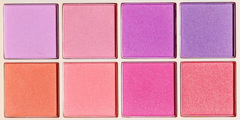 Beauty product multi-colored eyeshadows for makeup in square beige package as banner, cosmetic...