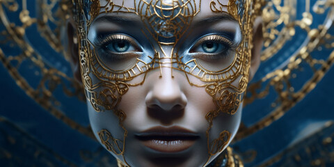 Hübsches Frauen Gesicht mit gold Aplikation Visagistik und Maske Poster Nahaufnahme, ai generativ