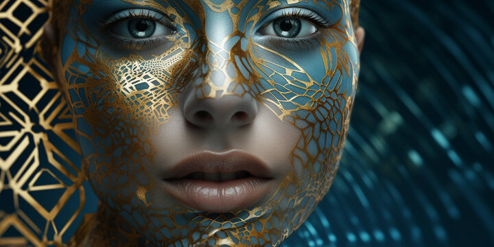 H&uuml;bsches Frauen Gesicht mit gold Aplikation Visagistik und Maske Poster Nahaufnahme, ai generativ