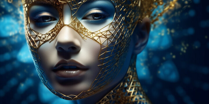 H&uuml;bsches Frauen Gesicht mit gold Aplikation Visagistik und Maske Poster Nahaufnahme, ai generativ