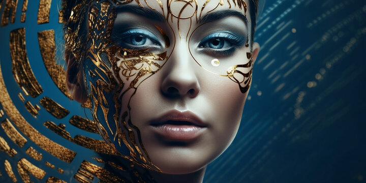 H&uuml;bsches Frauen Gesicht mit gold Aplikation Visagistik und Maske Poster Nahaufnahme, ai generativ