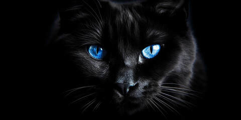 Schöner schwarzer Katzenkopf mit leuchtende blaue Augen, Ai generativ