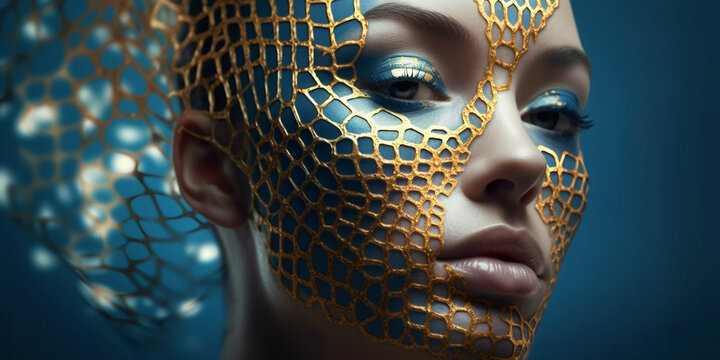 H&uuml;bsches Frauen Gesicht mit gold Aplikation Visagistik und Maske Poster Nahaufnahme, ai generativ
