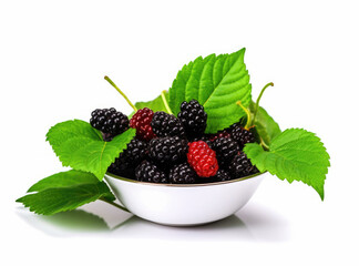 Dish of red and black mulberry with green leaves isolated on a white background