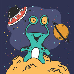 Ufo alien space spaceship sticker concept. Vector graphic design illustration