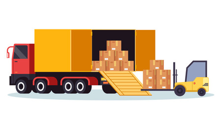 Truck unload forklift distribution delivery van service concept. Vector graphic design illustration