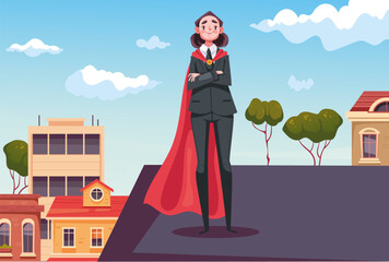 Super hero superhero office business employee standing on roof. Vector design graphic illustration

