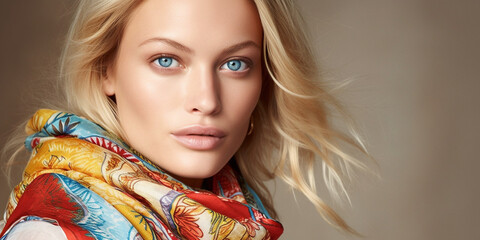 Hübsches blondes Model Frauen Gesicht mit bunten Schal Nahaufnahme, ai genarativ