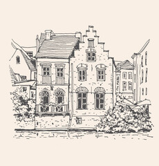 Obraz premium Travel sketch of Ghent, Belgium. Historical building line art. Freehand drawing. Hand drawn retro postcard. Hand drawing of houses and river. Urban sketch in black color isolated on beige background.