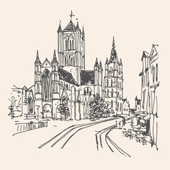 Travel sketch of Ghent, Belgium. Historical building line art. Freehand drawing. Hand drawn travel retro postcard. Hand drawing of Ghent. Urban sketch in black color isolated on beige background.
