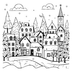 Christmas village. Colouring book illustration for your design