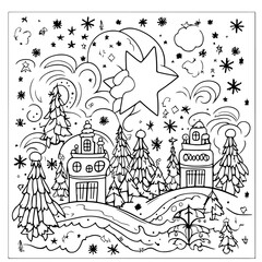 Christmas village. Colouring book illustration for your design