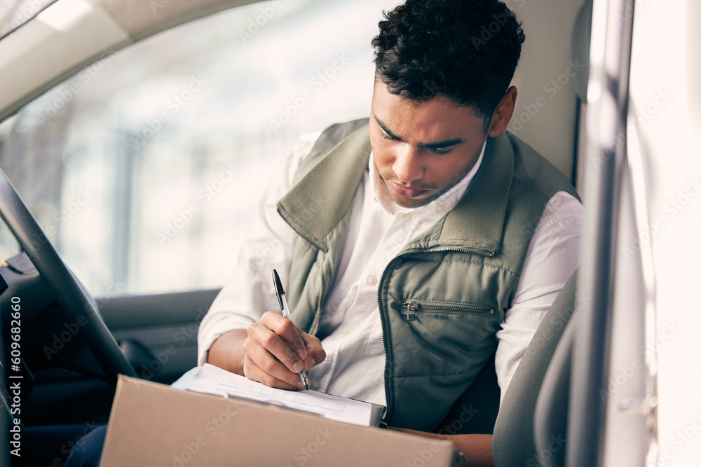 Poster delivery man, box and working with a checklist in the van, courier service or employee shipping ecom