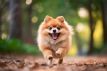 Illustration of a lively Pomeranian dog frolicking through a lush green forest created with Generative AI technology
