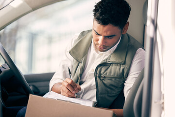 Delivery man, box and working with a checklist in the van, courier service or employee shipping...
