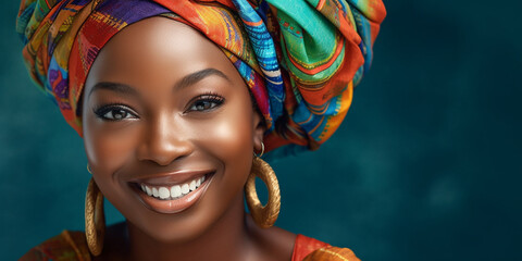 Afroamerikanische Frau mit attraktivem Gesicht und bunten großen Kopftuch lacht Nahaufnahme Querformat, ai generativ