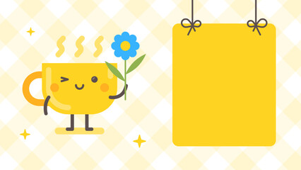 Empty banner and cup character holding flower. Funny character