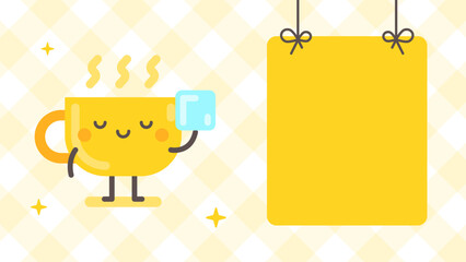 Empty banner and cup character holding sugar cube. Funny character