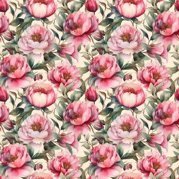 Pink peony seamless pattern. Vintage flowers botanical background. Watercolor floral digital paper. Generative AI image.