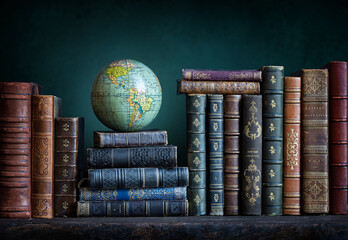 Old geographical globe and old book in cabinet with bookselfs. Science, education, travel background. History and geography team. Ancience, antique globe on the background of books. - 609682819