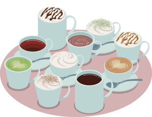 温かいカフェドリンクのアイソメトリックベクターイラスト