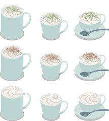 あたたかい抹茶ラテカフェモカキャラメルマキアートのアイソメトリックベクターイラスト