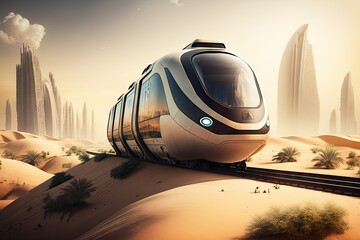 Fototapeta na wymiar Futuristic train in the desert outside the city, on rails