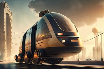 Obraz na płótnie Canvas Modern electric train on the city street at sunset