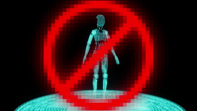 3d render animation of robot behind stop symbol icon with stamp efect on robot with hologram style look