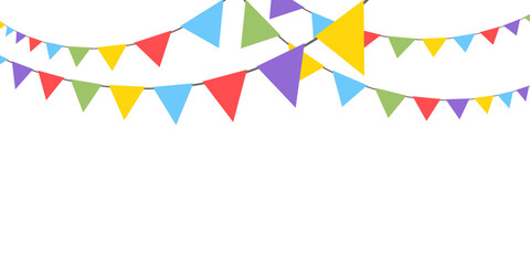 Obraz premium Celebrate hanging triangular garlands. Colorful perspective flags party isolated on white background. Birthday, Christmas, anniversary, and festival fair concept. Vector illustration.