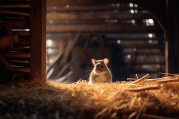 Obraz premium Cute brown mouse is wandering around a farm hangar. Generative AI