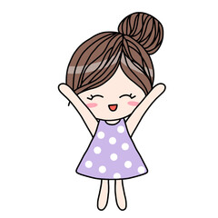 Korean cute girls character in dot purple dress cartoon.
