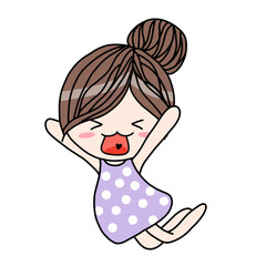 Korean cute girls character in dot purple dress cartoon.