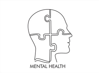 One continuous single line of human head with puzzle. Mental health concept vector illustration. Psychological therapy and treatment. World mental health day.