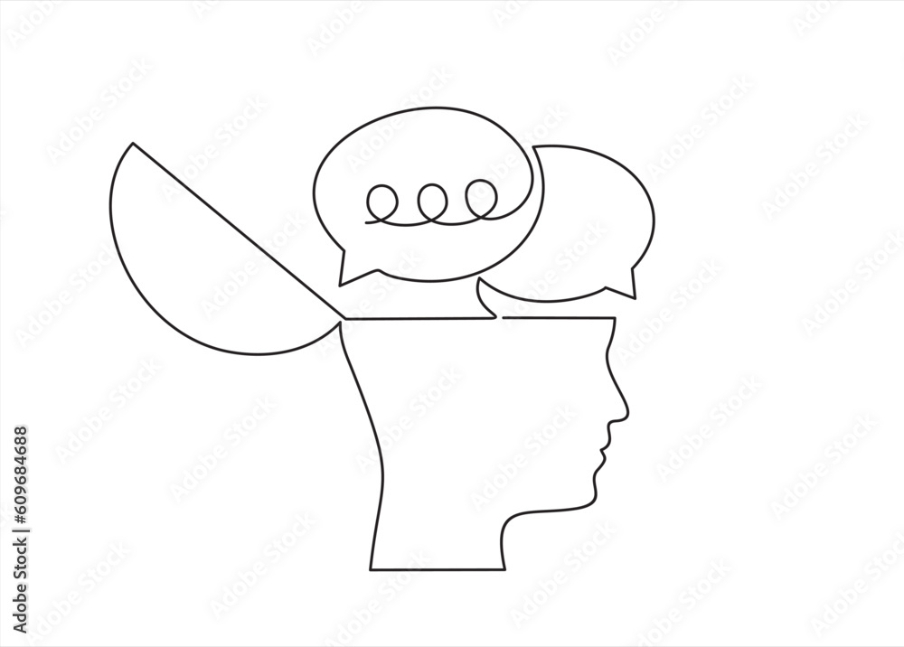 Poster continuous line drawing of head of a man with speech bubble is drawn by a single black line on a whi