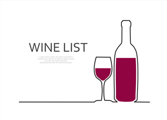 Wine list. Continuous line one drawing of wine bottle with wineglass. Illustration with quote template. Can used for logo, emblem, slide show and banner.