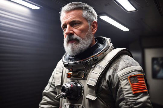Digital photo of brutal old grey bearded man astronaut at Lunar Base. Generative AI